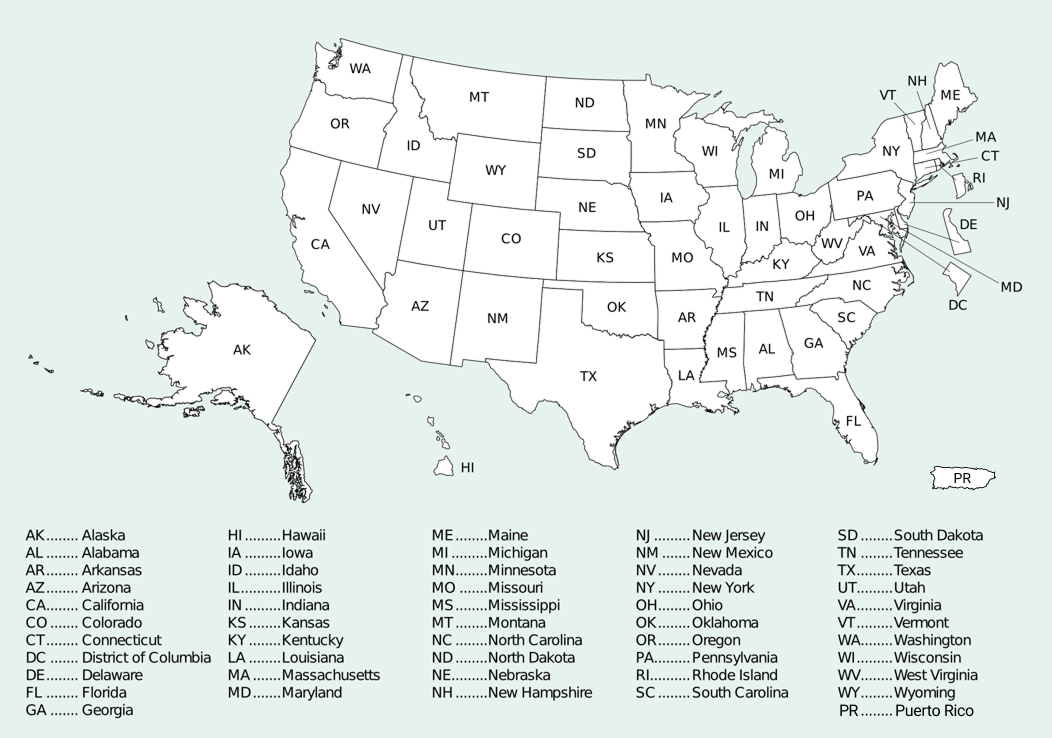 Example U.S. map with states labeled by postal abbreviation